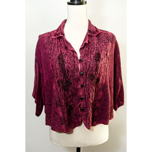 Flair Women's Rayon Made in India embroidered plum purple magenta button down - Picture 1 of 4